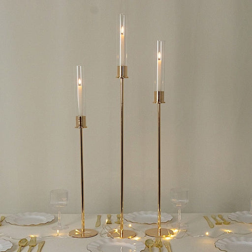 3 Metal Taper Candle Holders with Hurricane Glass Shades Set - Gold CHDLR_CAND_041_SET2_GOLD