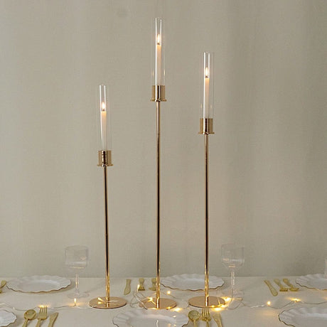 3 Metal Taper Candle Holders with Hurricane Glass Shades Set - Gold CHDLR_CAND_041_SET2_GOLD