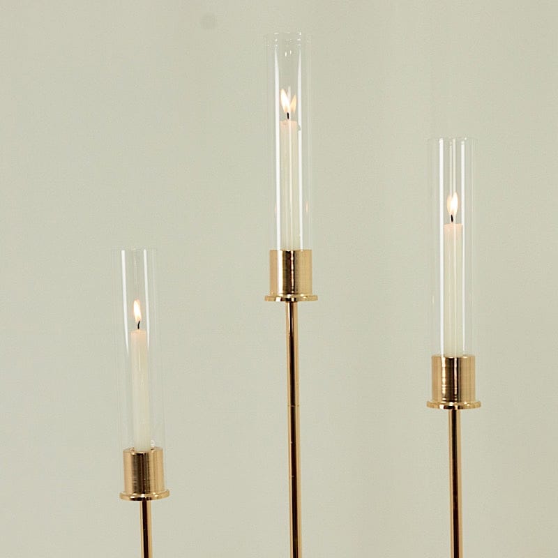 3 Metal Taper Candle Holders with Hurricane Glass Shades Set - Gold CHDLR_CAND_041_SET2_GOLD
