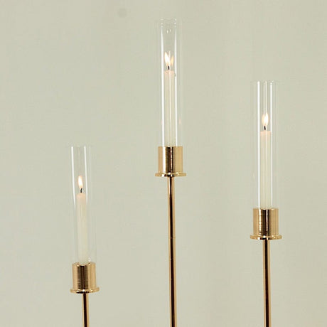 3 Metal Taper Candle Holders with Hurricane Glass Shades Set - Gold CHDLR_CAND_041_SET2_GOLD