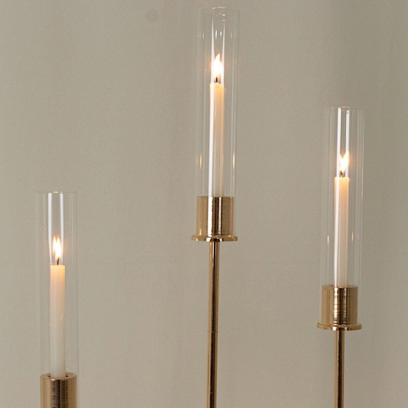 3 Metal Taper Candle Holders with Hurricane Glass Shades Set - Gold CHDLR_CAND_041_SET2_GOLD