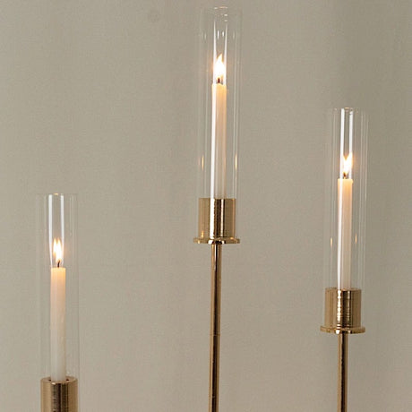 3 Metal Taper Candle Holders with Hurricane Glass Shades Set - Gold CHDLR_CAND_041_SET2_GOLD