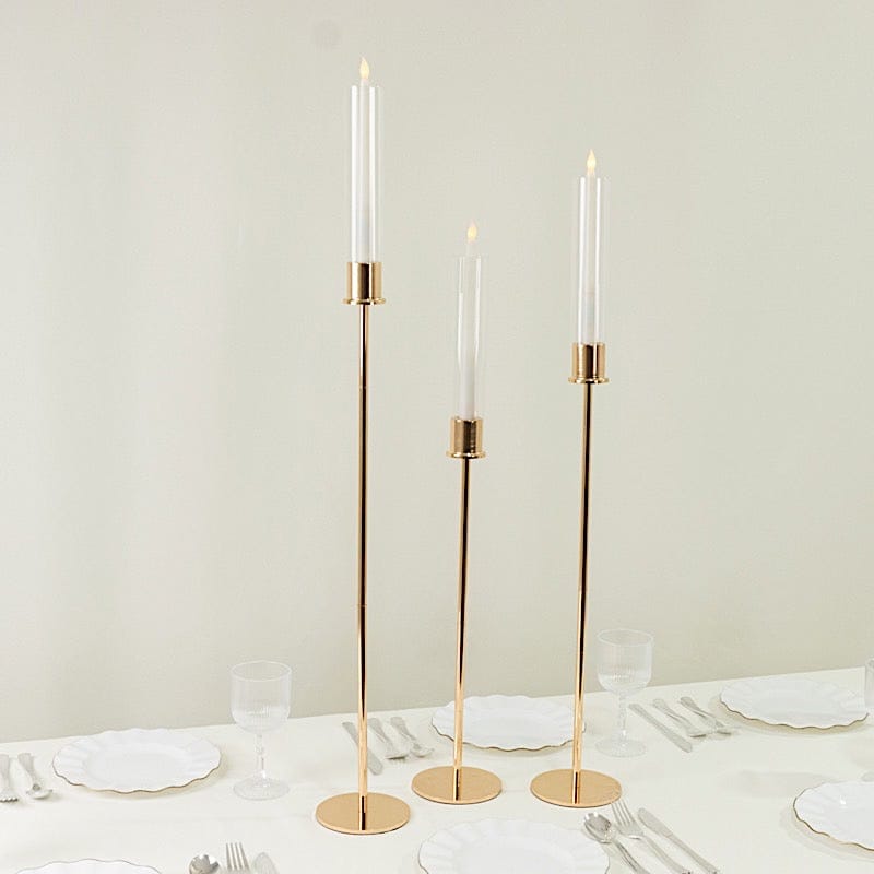 3 Metal Taper Candle Holders with Hurricane Glass Shades Set - Gold CHDLR_CAND_041_SET2_GOLD