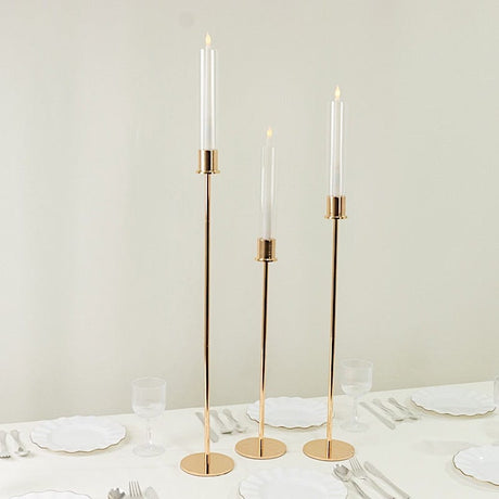 3 Metal Taper Candle Holders with Hurricane Glass Shades Set - Gold CHDLR_CAND_041_SET2_GOLD