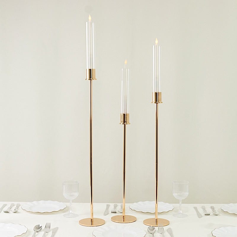 3 Metal Taper Candle Holders with Hurricane Glass Shades Set - Gold CHDLR_CAND_041_SET2_GOLD