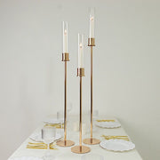 3 Metal Taper Candle Holders with Hurricane Glass Shades Set - Gold CHDLR_CAND_041_SET2_GOLD