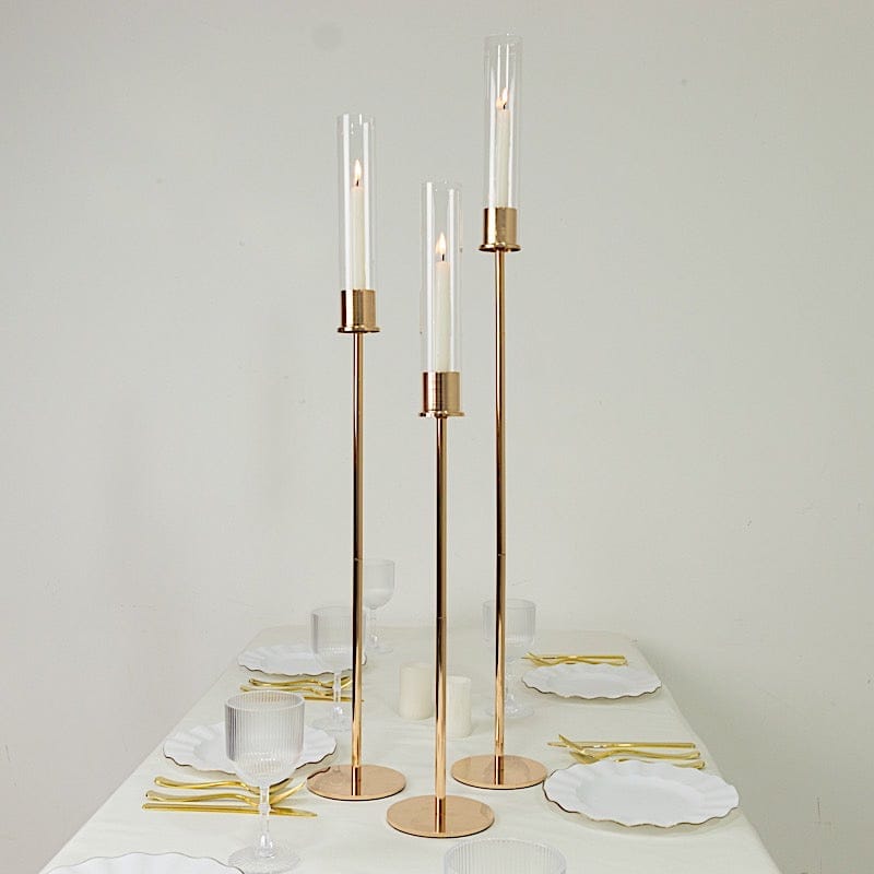 3 Metal Taper Candle Holders with Hurricane Glass Shades Set - Gold CHDLR_CAND_041_SET2_GOLD