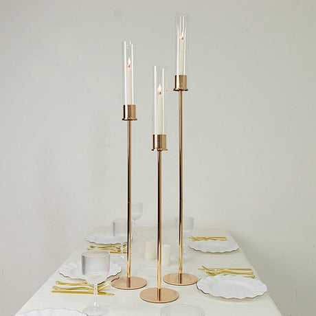 3 Metal Taper Candle Holders with Hurricane Glass Shades Set - Gold CHDLR_CAND_041_SET2_GOLD