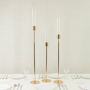 3 Metal Taper Candle Holders with Hurricane Glass Shades Set - Gold CHDLR_CAND_041_SET2_GOLD