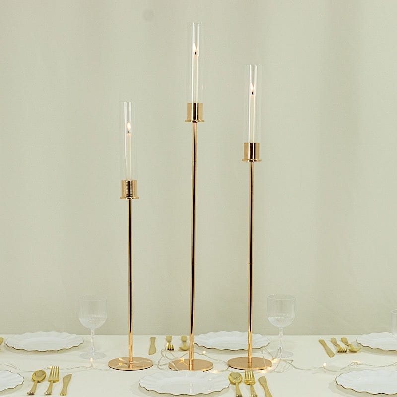 3 Metal Taper Candle Holders with Hurricane Glass Shades Set - Gold CHDLR_CAND_041_SET2_GOLD