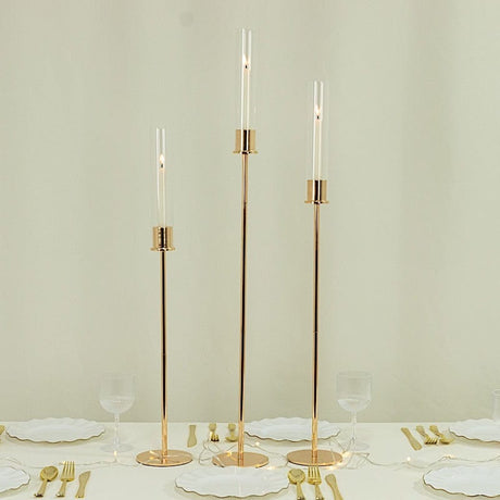 3 Metal Taper Candle Holders with Hurricane Glass Shades Set - Gold CHDLR_CAND_041_SET2_GOLD