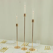 3 Metal Taper Candle Holders with Hurricane Glass Shades Set - Gold CHDLR_CAND_041_SET2_GOLD
