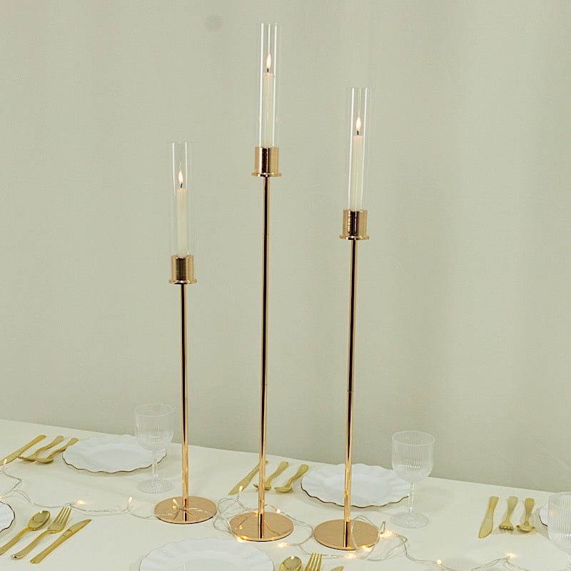 3 Metal Taper Candle Holders with Hurricane Glass Shades Set - Gold CHDLR_CAND_041_SET2_GOLD