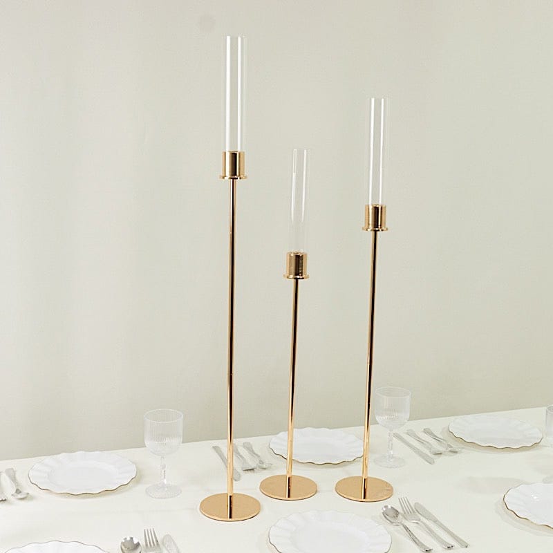 3 Metal Taper Candle Holders with Hurricane Glass Shades Set - Gold CHDLR_CAND_041_SET2_GOLD