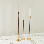 3 Metal Taper Candle Holders with Hurricane Glass Shades Set - Gold CHDLR_CAND_041_SET2_GOLD