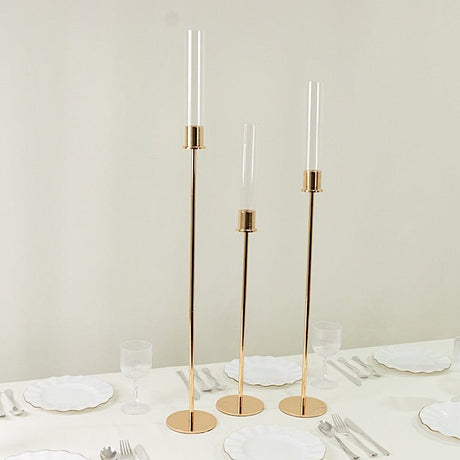 3 Metal Taper Candle Holders with Hurricane Glass Shades Set - Gold CHDLR_CAND_041_SET2_GOLD