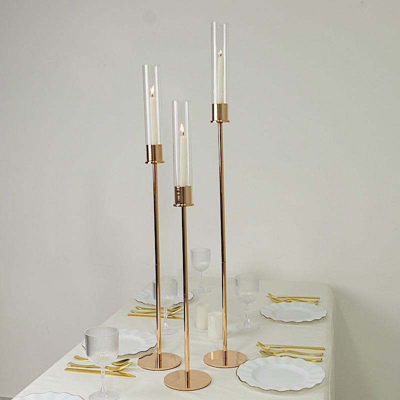3 Metal Taper Candle Holders with Hurricane Glass Shades Set - Gold CHDLR_CAND_041_SET2_GOLD