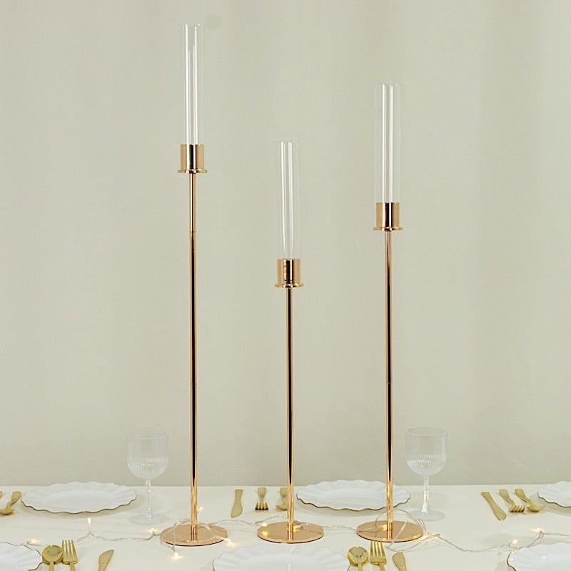 3 Metal Taper Candle Holders with Hurricane Glass Shades Set - Gold CHDLR_CAND_041_SET2_GOLD