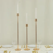 3 Metal Taper Candle Holders with Hurricane Glass Shades Set - Gold CHDLR_CAND_041_SET2_GOLD