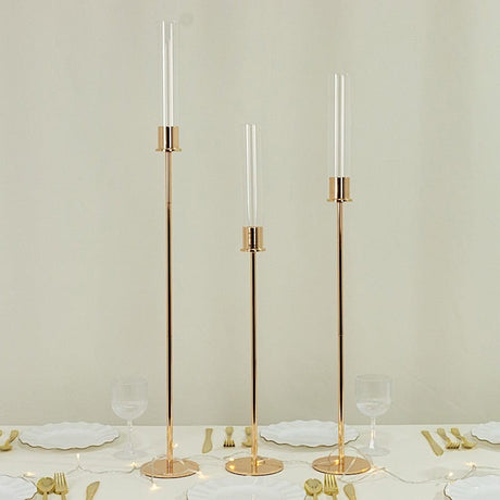 3 Metal Taper Candle Holders with Hurricane Glass Shades Set - Gold CHDLR_CAND_041_SET2_GOLD