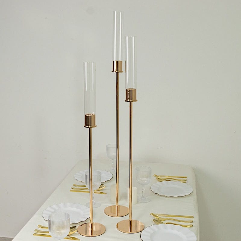 3 Metal Taper Candle Holders with Hurricane Glass Shades Set - Gold CHDLR_CAND_041_SET2_GOLD