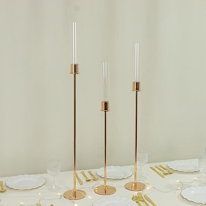 3 Metal Taper Candle Holders with Hurricane Glass Shades Set - Gold CHDLR_CAND_041_SET2_GOLD