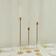 3 Metal Taper Candle Holders with Hurricane Glass Shades Set - Gold CHDLR_CAND_041_SET2_GOLD