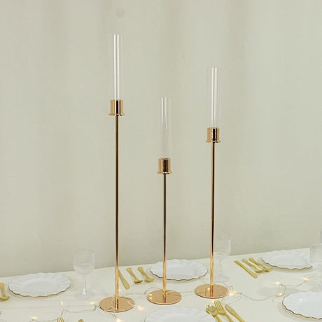 3 Metal Taper Candle Holders with Hurricane Glass Shades Set - Gold CHDLR_CAND_041_SET2_GOLD