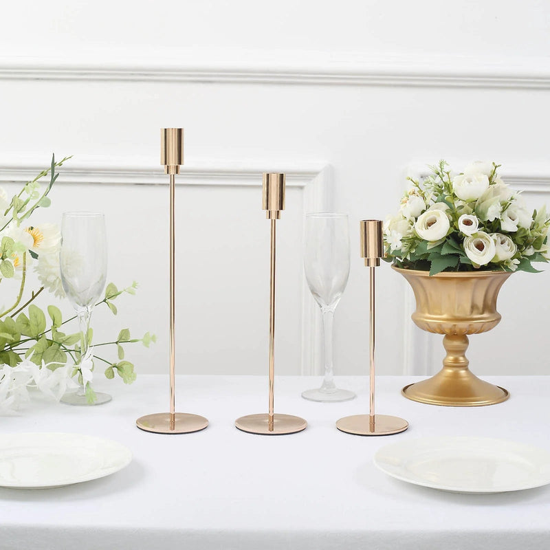 3 Metal Taper Candle Stands with Round Solid Base - Gold IRON_CAND_TP016_GOLD