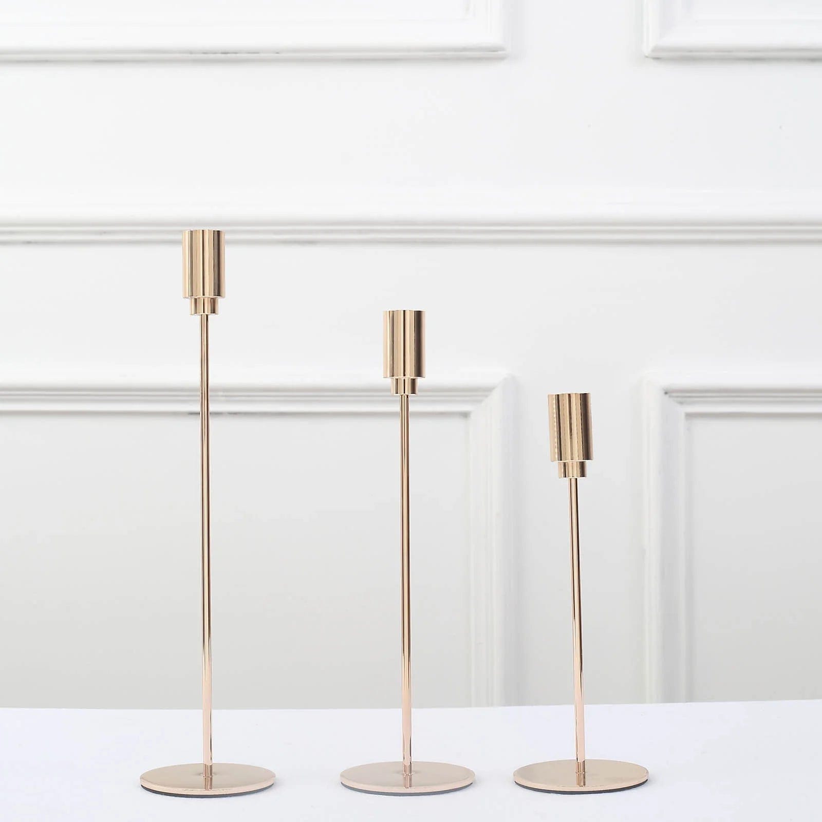 3 Metal Taper Candle Stands with Round Solid Base - Gold IRON_CAND_TP016_GOLD