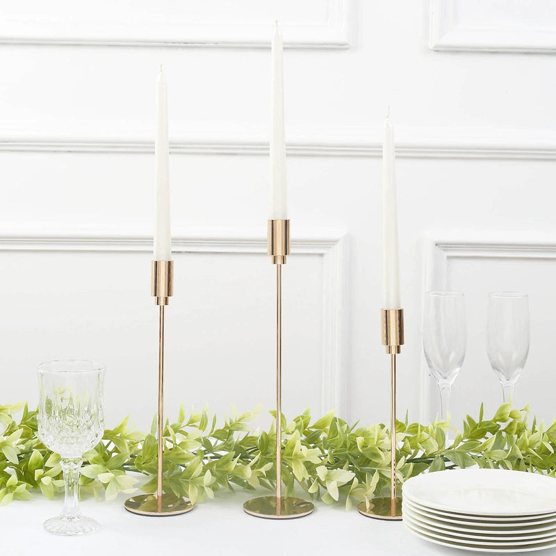 3 Metal Taper Candle Stands with Round Solid Base - Gold IRON_CAND_TP016_GOLD