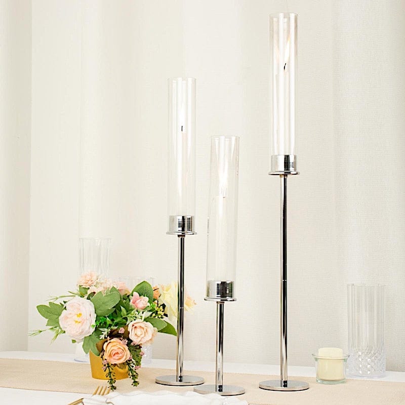 3 Metal with Glass Taper Candlestick Holders Centerpieces