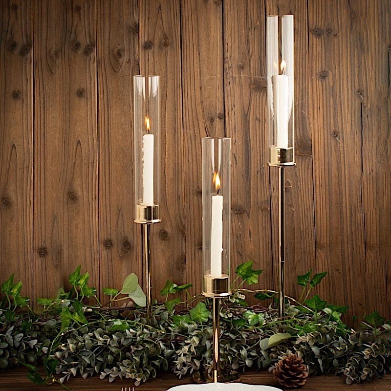 3 Metal with Glass Taper Candlestick Holders Centerpieces