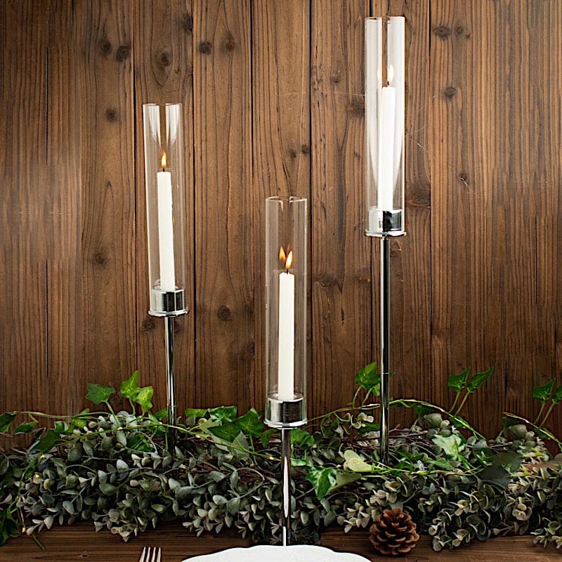 3 Metal with Glass Taper Candlestick Holders Centerpieces