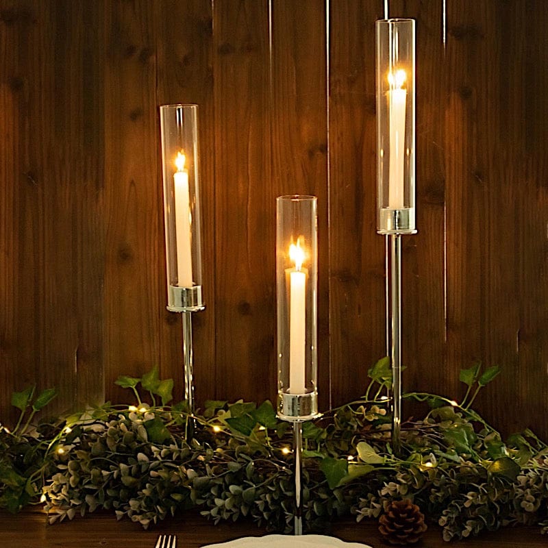 3 Metal with Glass Taper Candlestick Holders Centerpieces