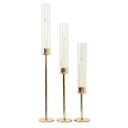 3 Metal with Glass Taper Candlestick Holders Centerpieces CHDLR_CAND_041_SET_GOLD