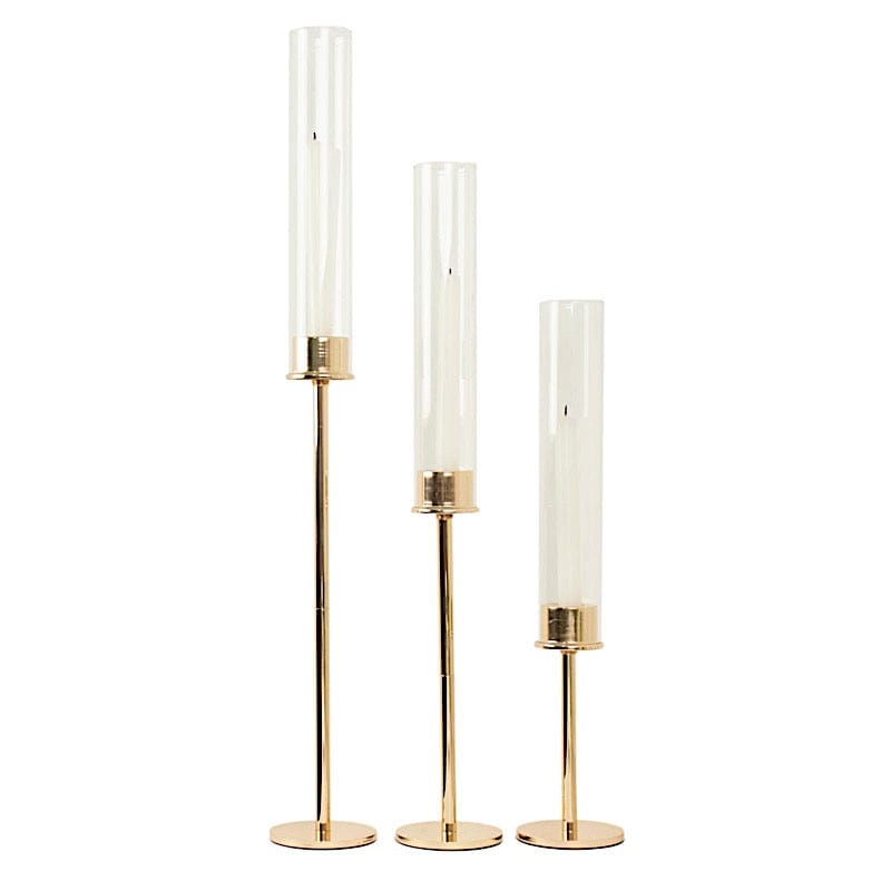 3 Metal with Glass Taper Candlestick Holders Centerpieces CHDLR_CAND_041_SET_GOLD