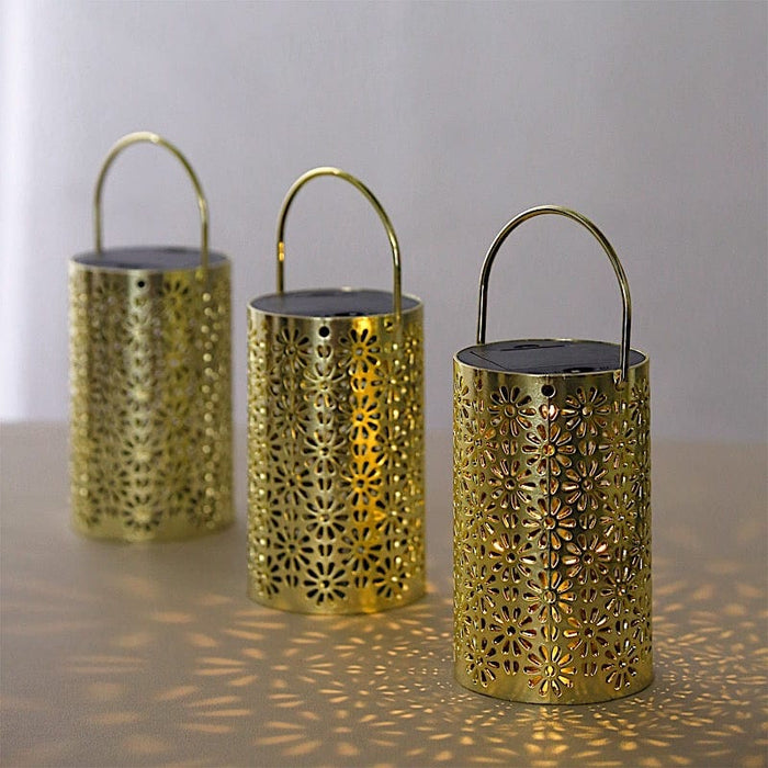 3 Metallic 3" x 5" Plastic LED Lantern Lamps with Flower Design - Gold LED_CAND_PL10_GOLD