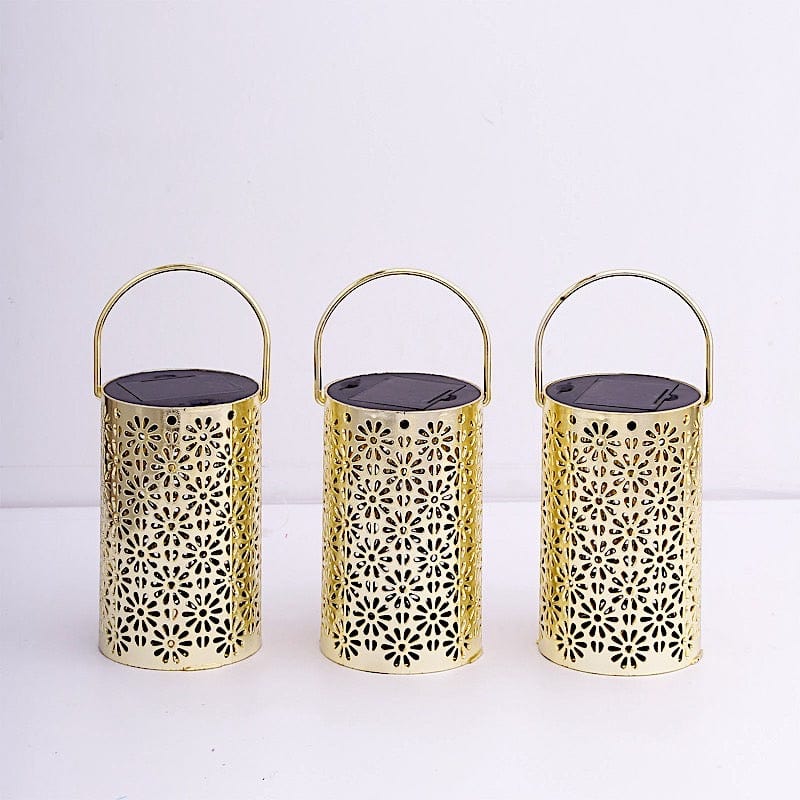 3 Metallic 3" x 5" Plastic LED Lantern Lamps with Flower Design - Gold LED_CAND_PL10_GOLD