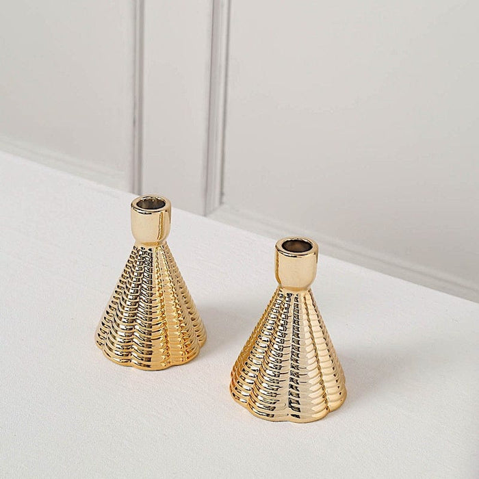 3 Metallic 5" Ribbed Ceramic Taper Candle Holders - Gold CAND_HOLD_TP002_5_GOLD