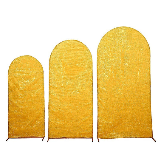 3 Metallic Fringe Chiara Backdrop Stand Covers IRON_STND06_STR01_SET_GOLD