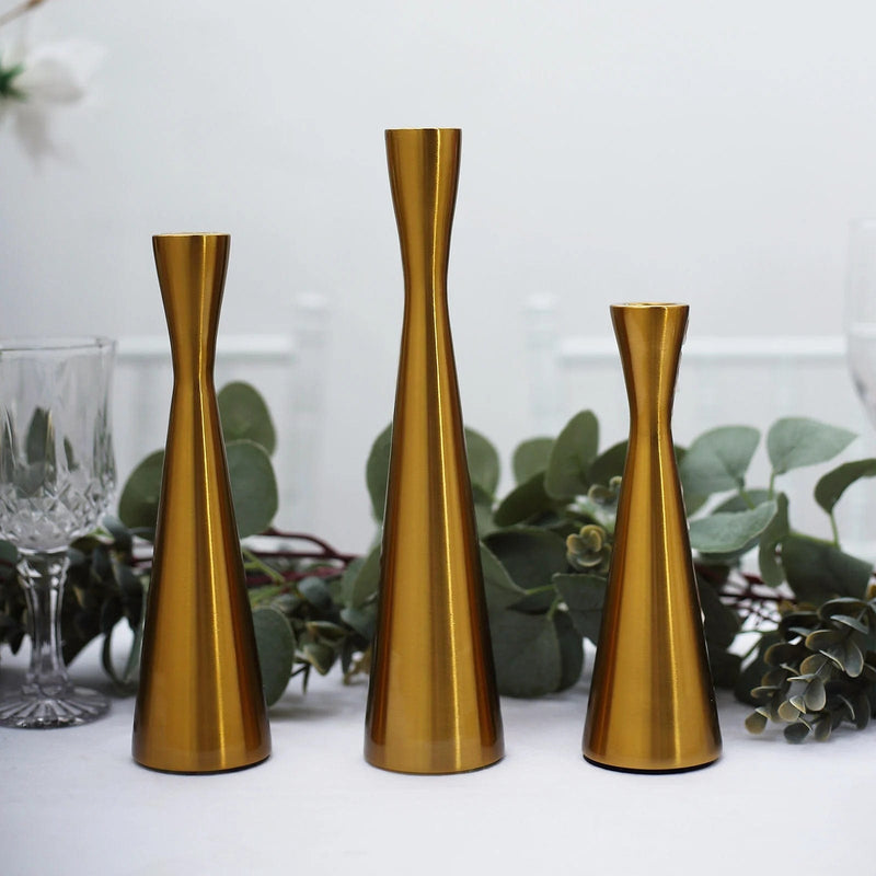 3 Modern Hourglass Style Gold Metal Taper Candle Holders - Gold IRON_CAND_TP017_GOLD