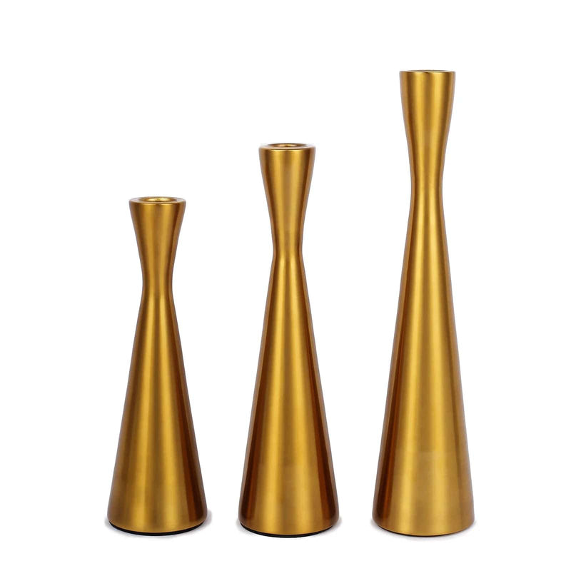 3 Modern Hourglass Style Gold Metal Taper Candle Holders - Gold IRON_CAND_TP017_GOLD
