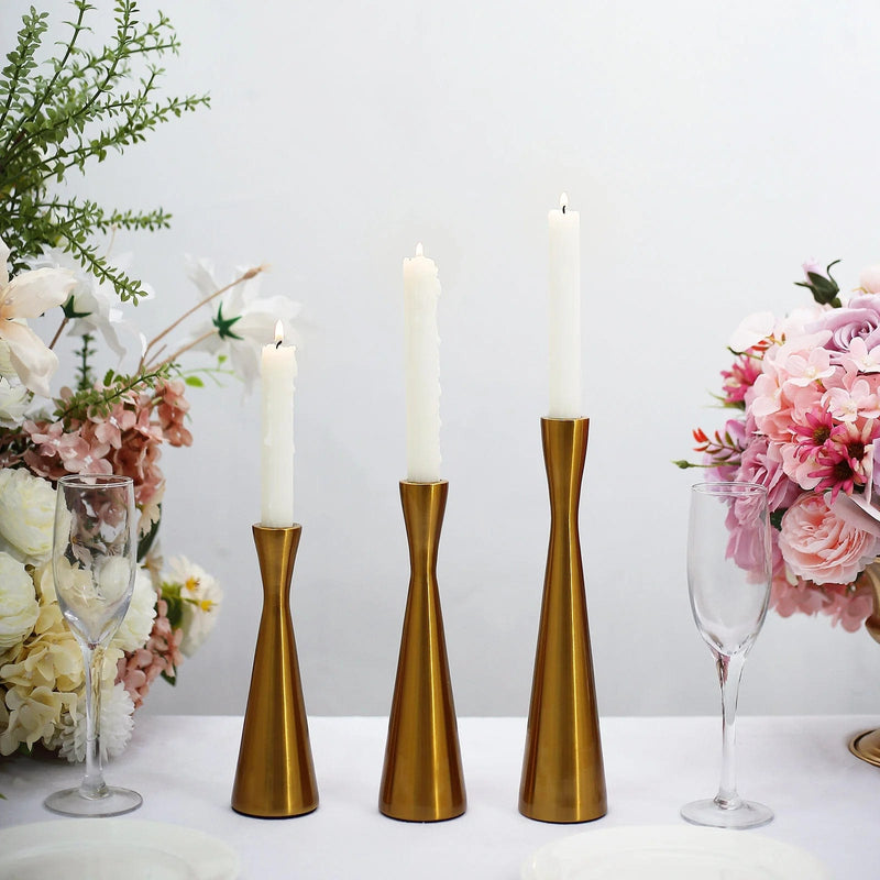 3 Modern Hourglass Style Gold Metal Taper Candle Holders - Gold IRON_CAND_TP017_GOLD