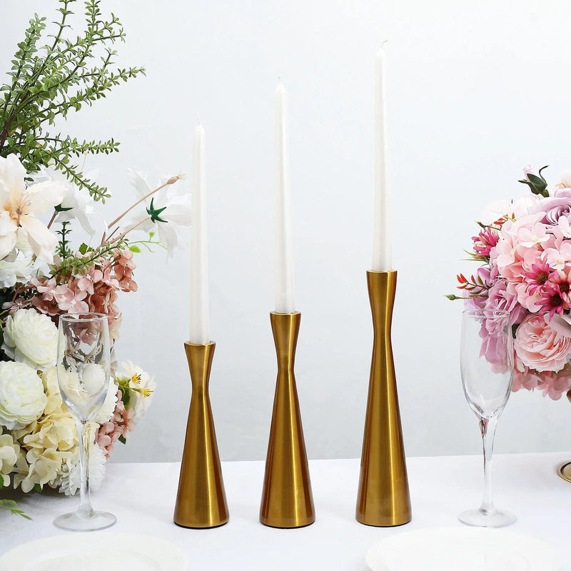 3 Modern Hourglass Style Gold Metal Taper Candle Holders - Gold IRON_CAND_TP017_GOLD