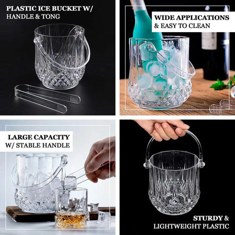 3 pack Plastic Small Ice Buckets with Handle and Tongs in Crystal-Cut Design – Clear BSKT_PLST_002_5X5_CLR