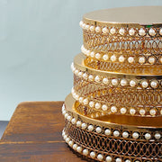 3 Pearl Beaded Metal Cake Stands with Mirror Top - Gold CHDLR_CAKE23_SET_GOLD