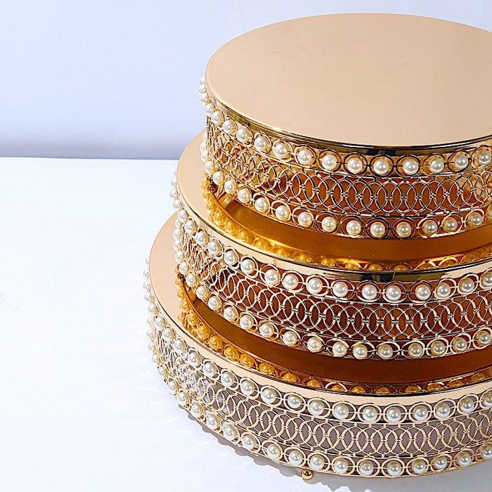 3 Pearl Beaded Metal Cake Stands with Mirror Top - Gold CHDLR_CAKE23_SET_GOLD