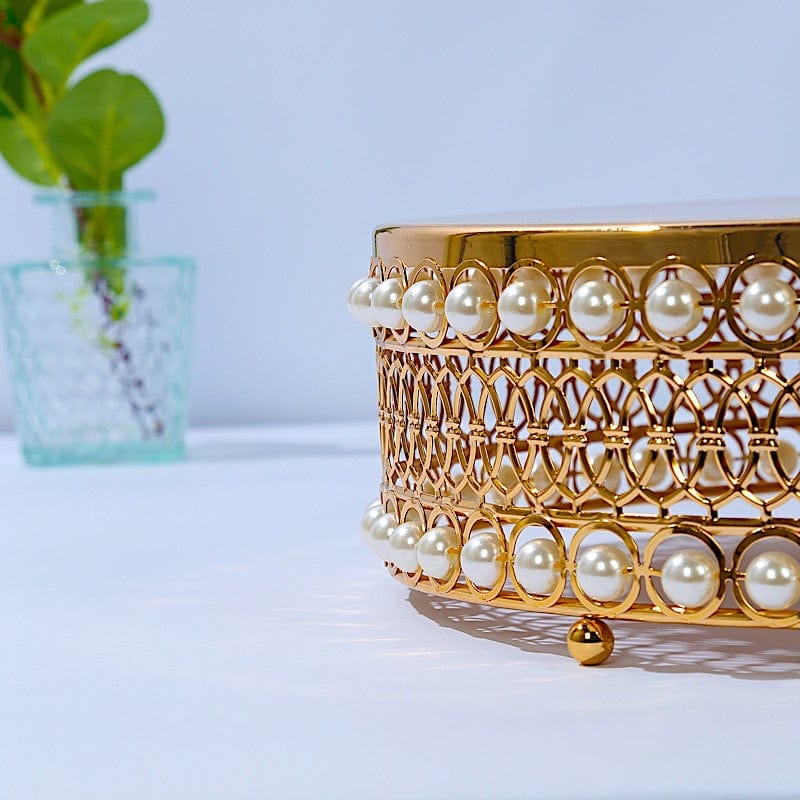3 Pearl Beaded Metal Cake Stands with Mirror Top - Gold CHDLR_CAKE23_SET_GOLD