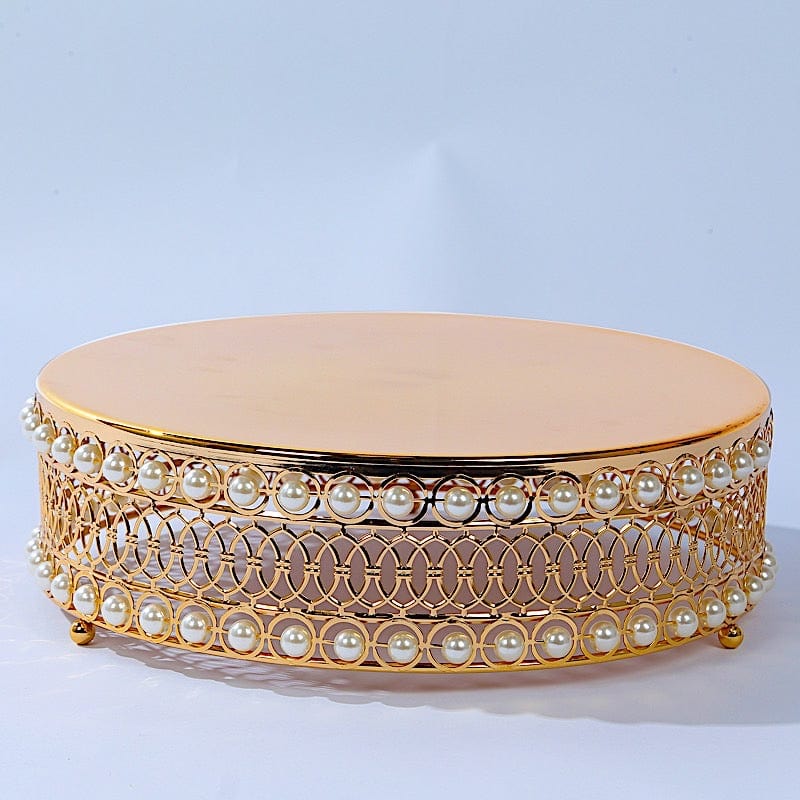 3 Pearl Beaded Metal Cake Stands with Mirror Top - Gold CHDLR_CAKE23_SET_GOLD